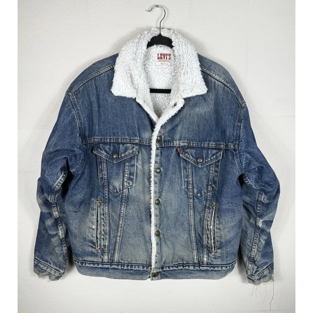 Vtg 80's LEVIS Men's Sherpa Lined Jacket San Francisco Acid Wash Denim Coat Sz L